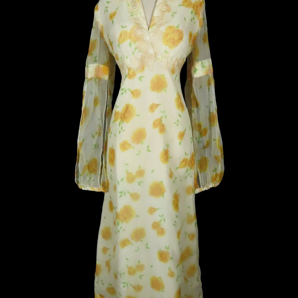 Vintage 70s Yellow Rose Floral Long Split Sleeves Empire Waist Maxi Dress L XL - Picture 2 of 16